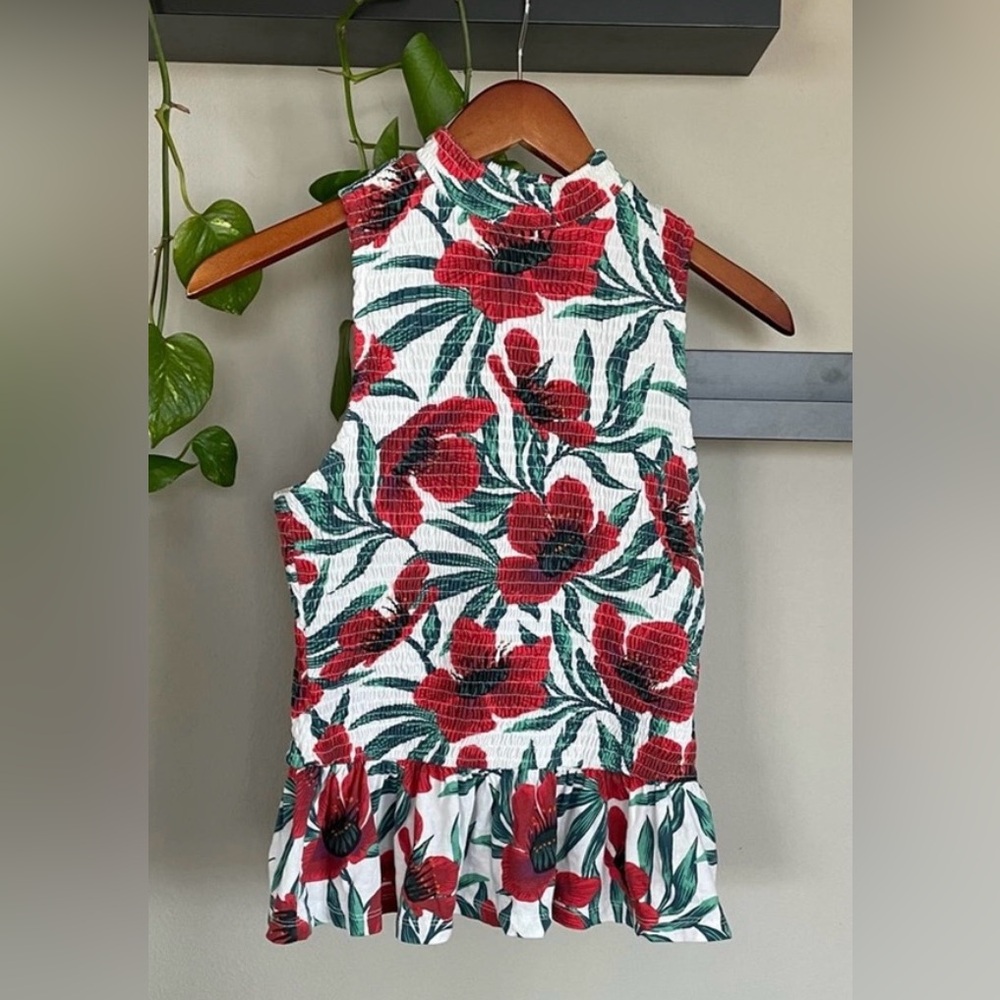 NWOT Zara White Red Tropical Ruched Sleeveless Peplum Top Blouse S 2 4 (A5) - Picture 3 of 4